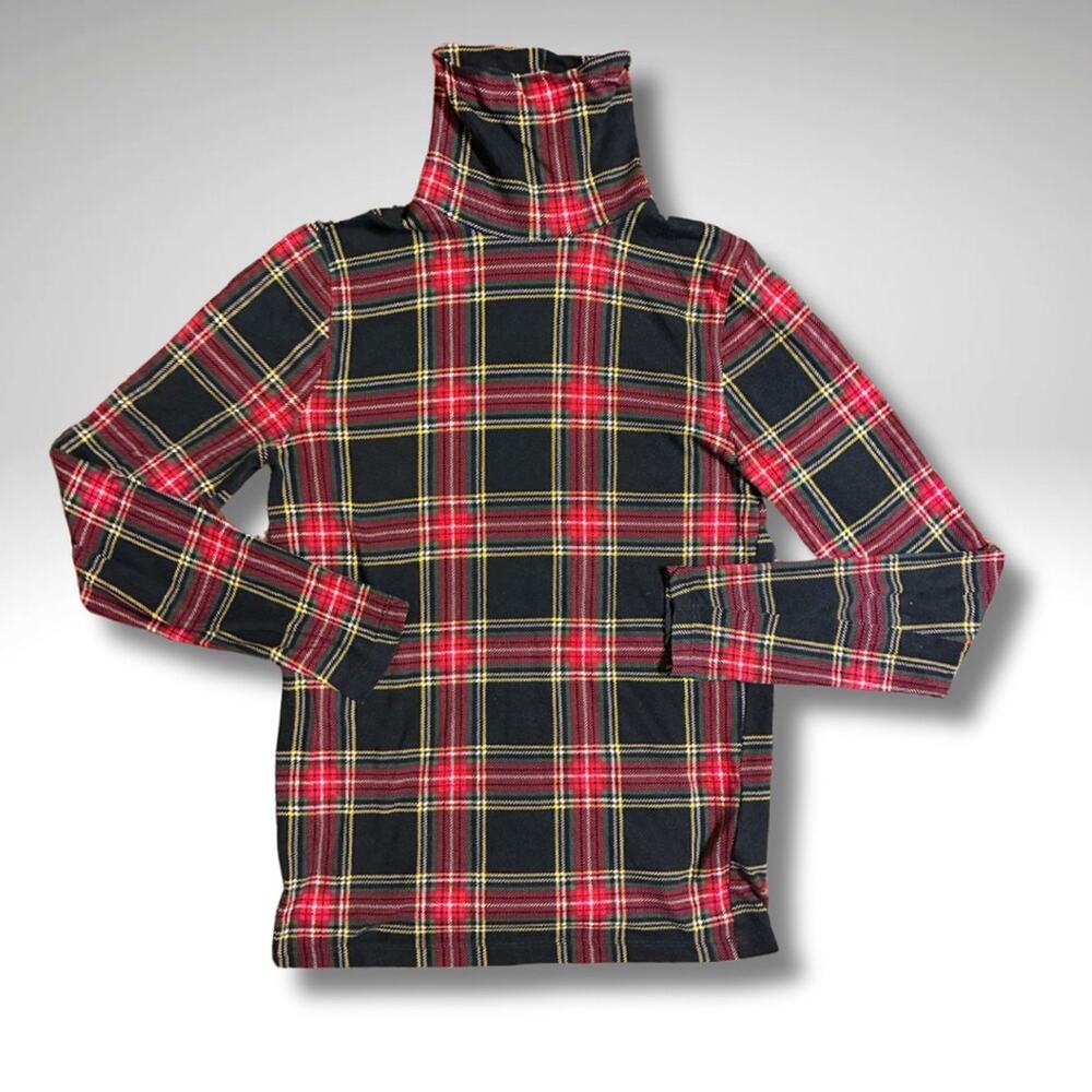 J. Crew Tartan Plaid Fitted Long Sleeve Cotton Turtleneck - Red and Black Small